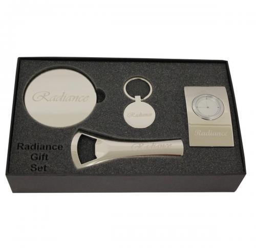 Gift Set Includes Metal Bottle Opener, Coaster, Desk Clock & Keyring Laser Engraved